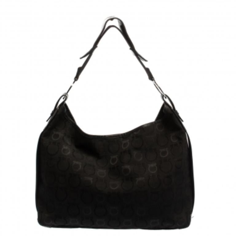 Women's Salvatore Ferragamo Black Monogram Canvas and Leather Hobo For Sale