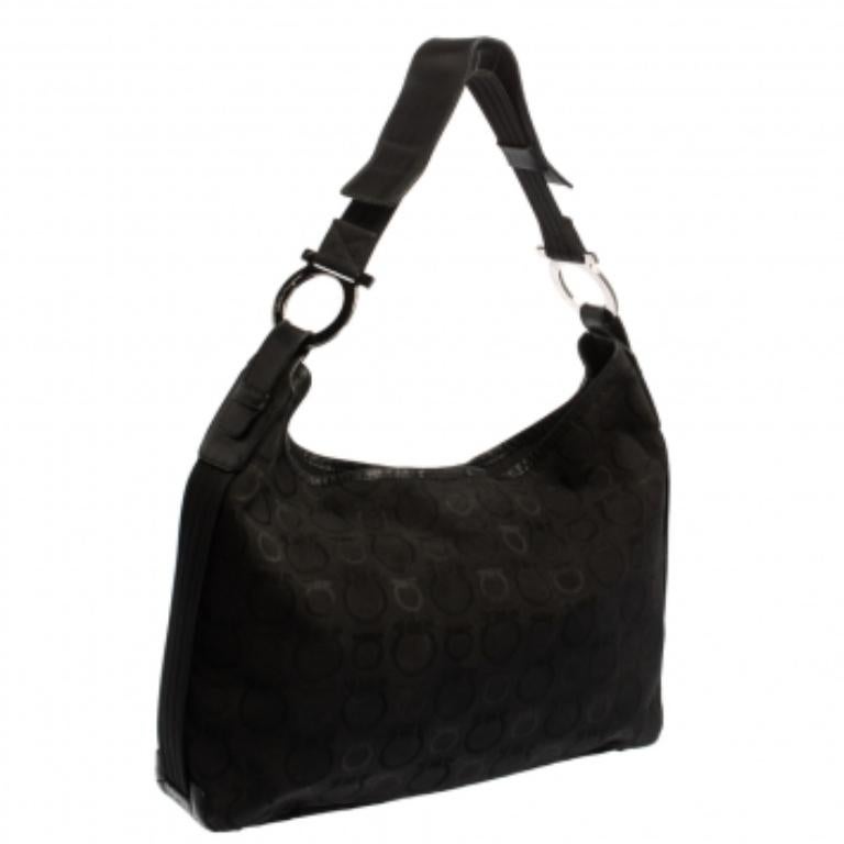 Salvatore Ferragamo Black Monogram Canvas and Leather Hobo For Sale 2