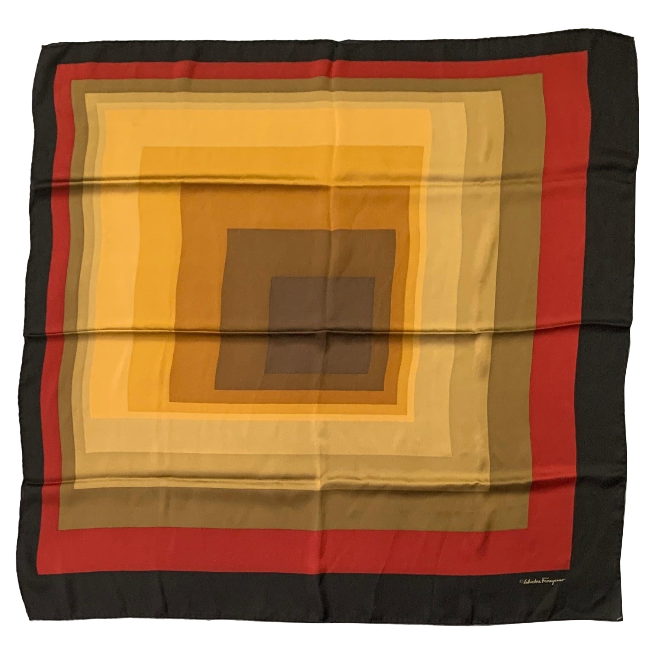 SALVATORE FERRAGAMO Black Multi Color Squares Print Silk Scarf Shawl