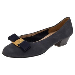 Salvatore Ferragamo Black Nubuck Leather Vara Bow Pumps Size 36.5