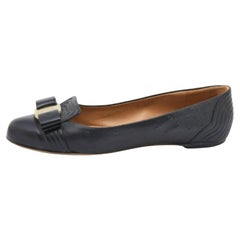 Salvatore Ferragamo Black Ostrich Embossed Leather Vara Bow Ballet Flats Size 37