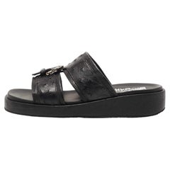 Salvatore Ferragamo Black Ostrich Leather Flat Slides Size 37.5