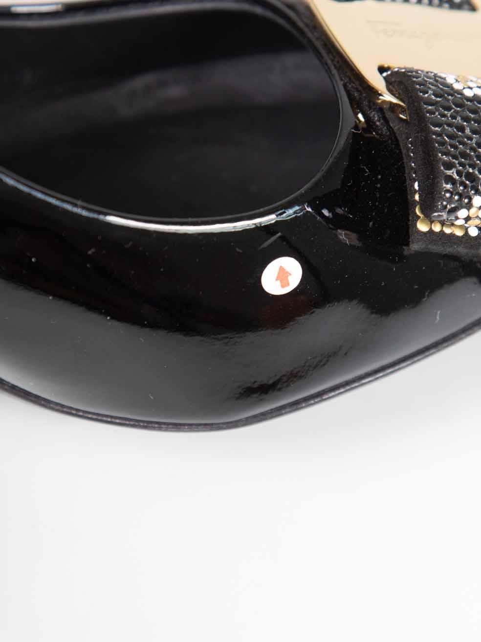 Salvatore Ferragamo Black Patent Bow Mosaic Pumps Size US 7.5 For Sale 2