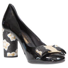 Salvatore Ferragamo Black Patent Bow Mosaic Pumps Size US 7.5