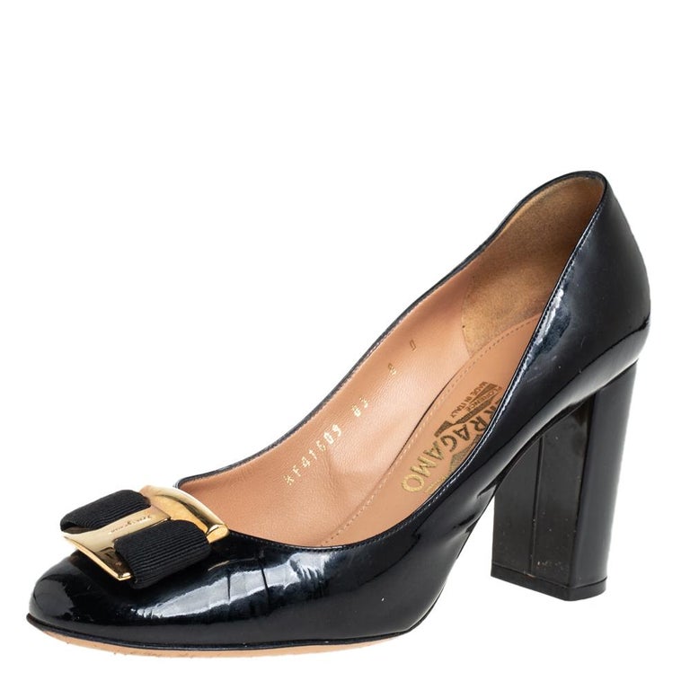Salvatore Ferragamo Black Patent Leather Alice Block Heel Pumps Size 38.5  at 1stDibs