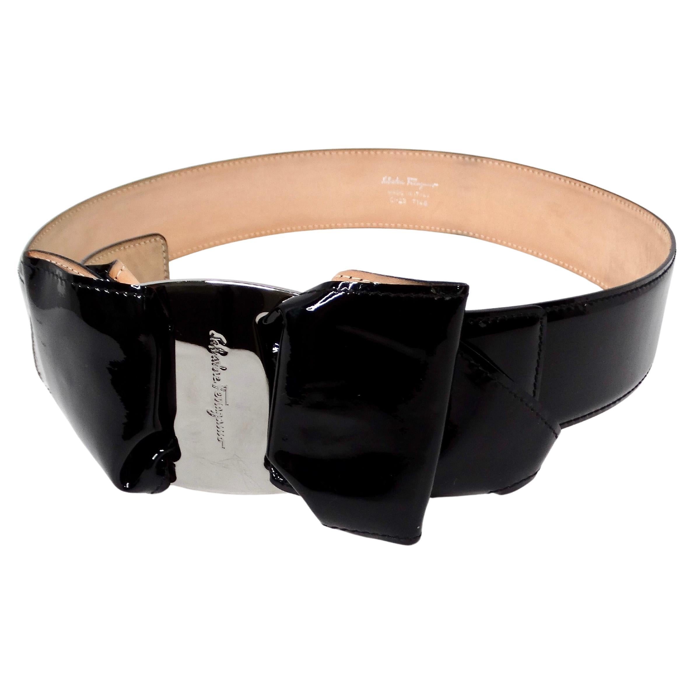 Salvatore Ferragamo Black Patent Leather Bow Style Belt