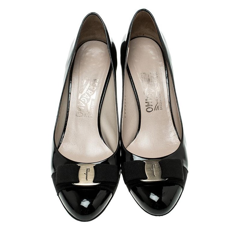 Salvatore Ferragamo Black Patent Leather Carla Vara Bow Pumps Size 38 ...