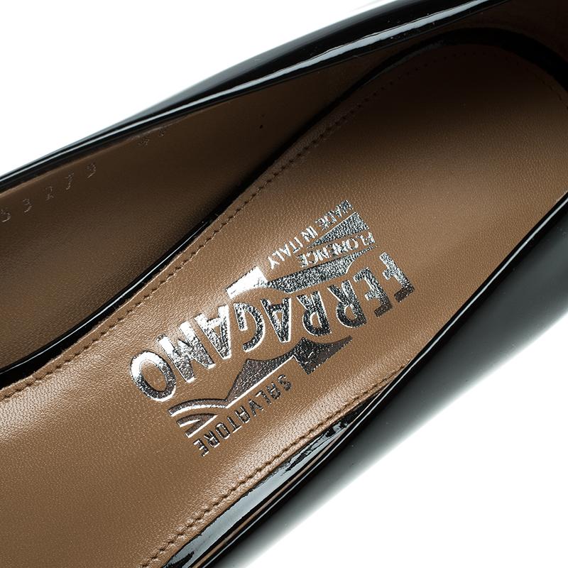 Salvatore Ferragamo Black Patent Leather Fiammetta Block Heel Pumps Size 41 1
