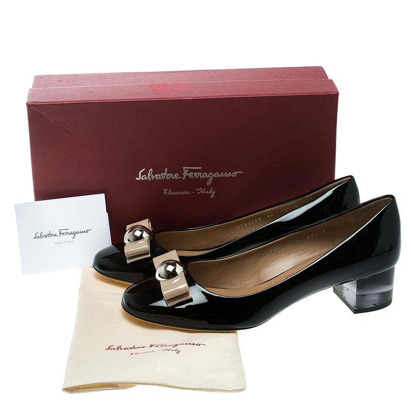 Salvatore Ferragamo Black Patent Leather Fiammetta Block Heel Pumps Size 41 2