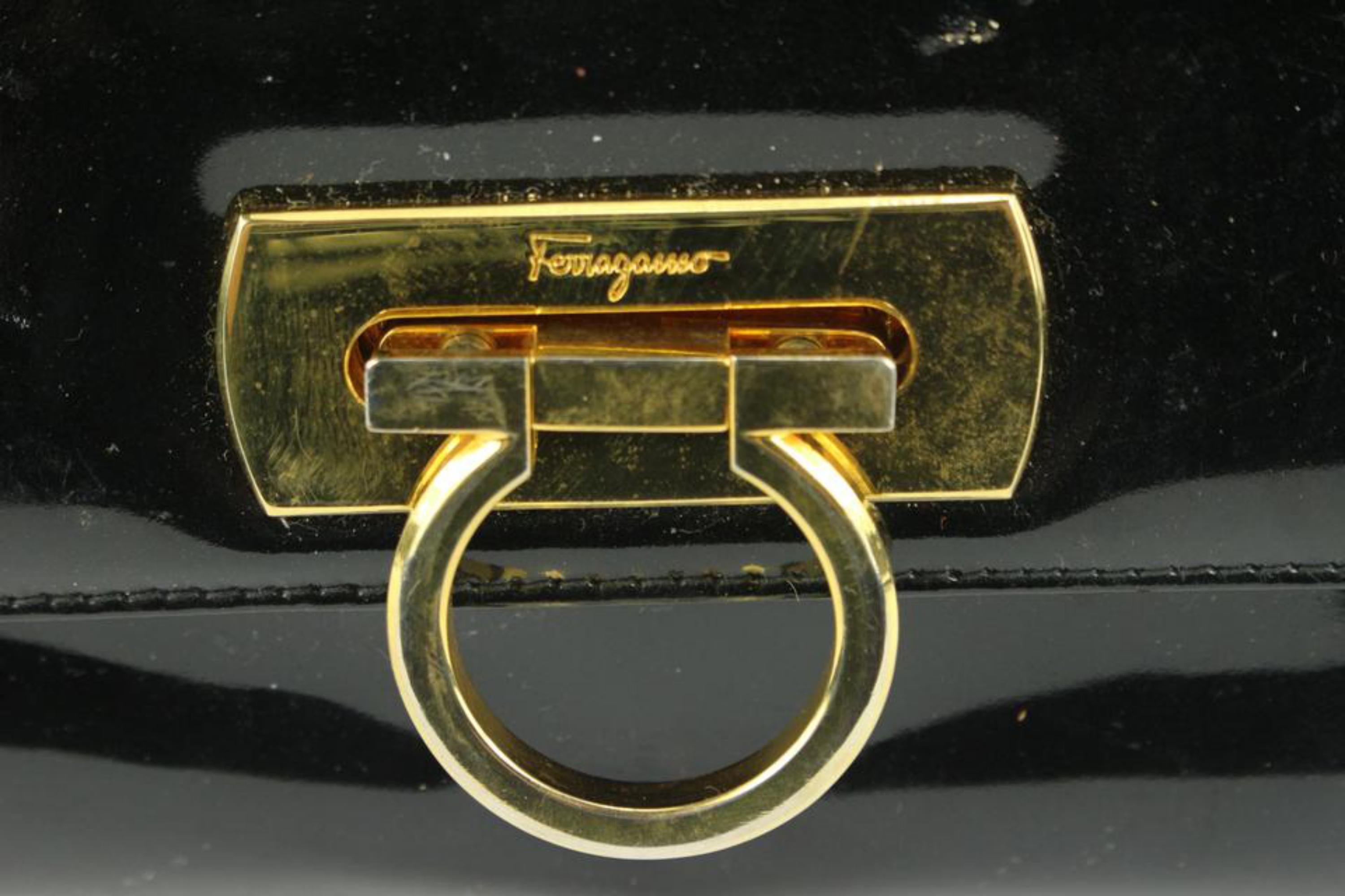 Salvatore Ferragamo Black Patent Leather Gold Gancini Logo Shoulder Flap Bag  In Fair Condition For Sale In Dix hills, NY