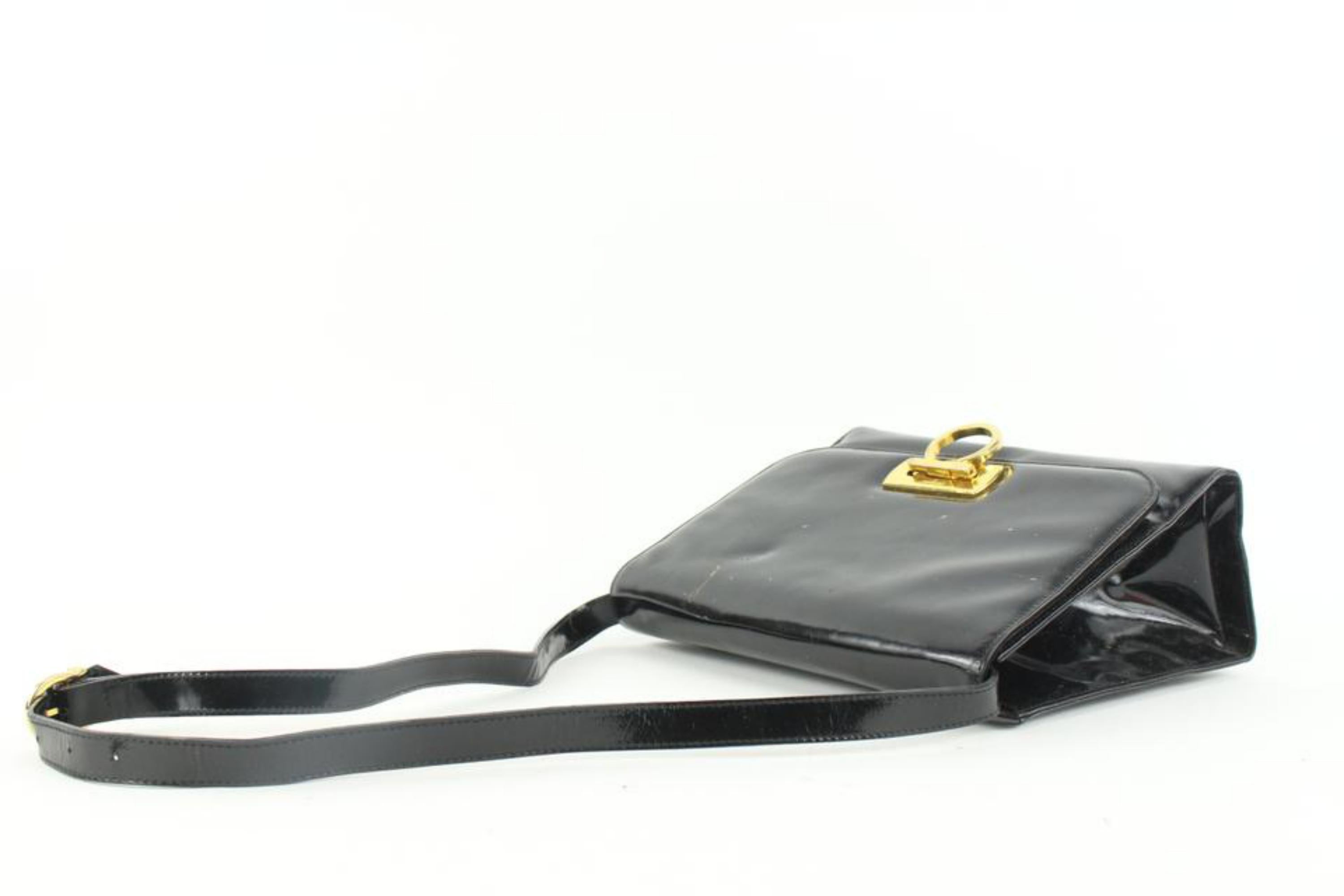 Women's Salvatore Ferragamo Black Patent Leather Gold Gancini Logo Shoulder Flap Bag  For Sale