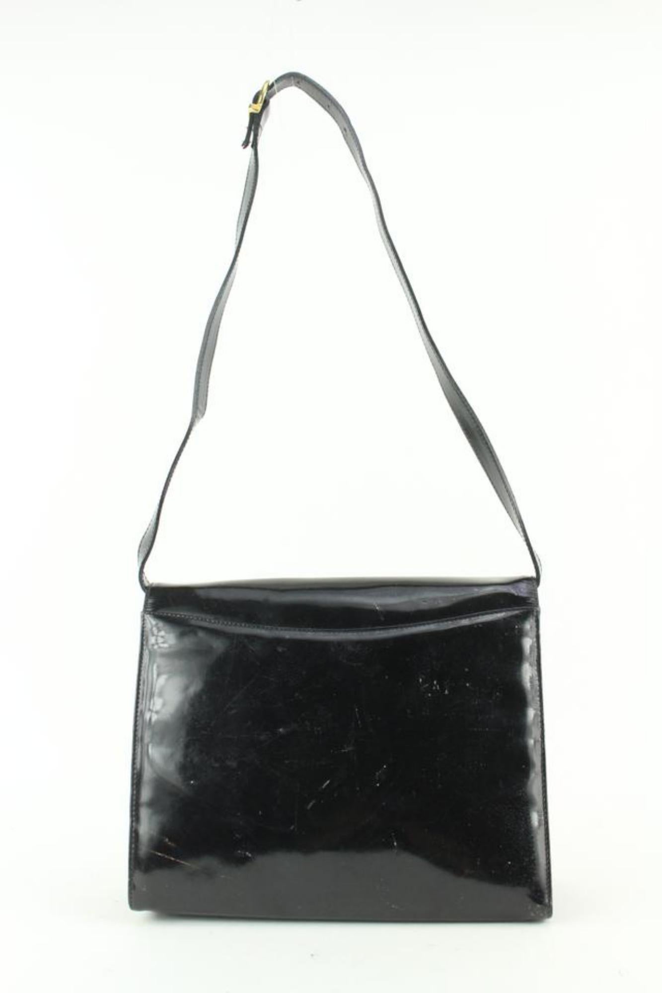 Salvatore Ferragamo Black Patent Leather Gold Gancini Logo Shoulder Flap Bag  For Sale 1