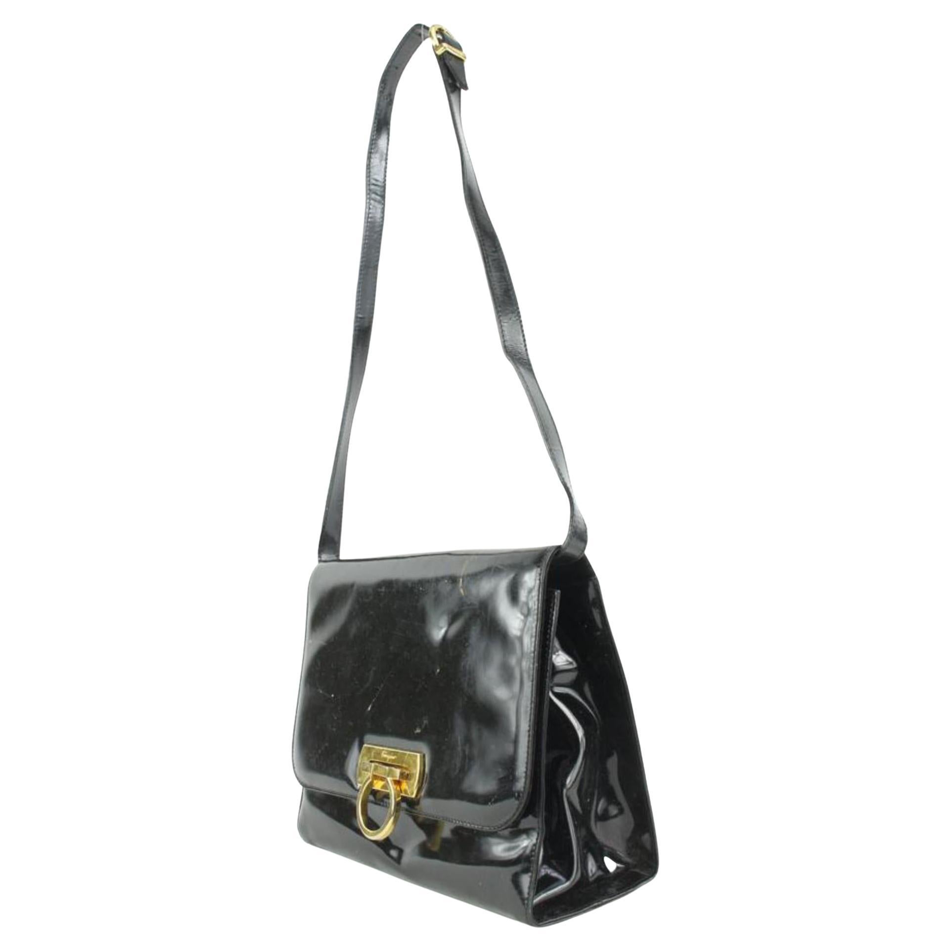 Salvatore Ferragamo Black Patent Leather Gold Gancini Logo Shoulder Flap Bag  For Sale