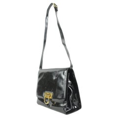 Salvatore Ferragamo Black Patent Leather Gold Gancini Logo Shoulder Flap Bag 