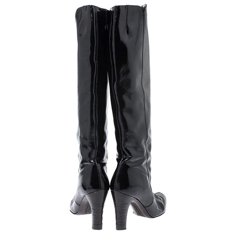 Salvatore Ferragamo Black Patent Leather Knee Length Boots Size 38 For Sale 2