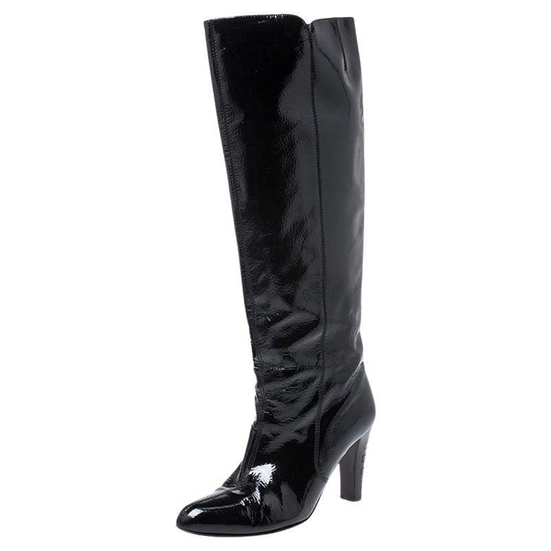 Salvatore Ferragamo Black Patent Leather Knee Length Boots Size 38 For Sale