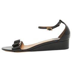 Salvatore Ferragamo Black Patent Leather Margot Wedge Sandals Size 38
