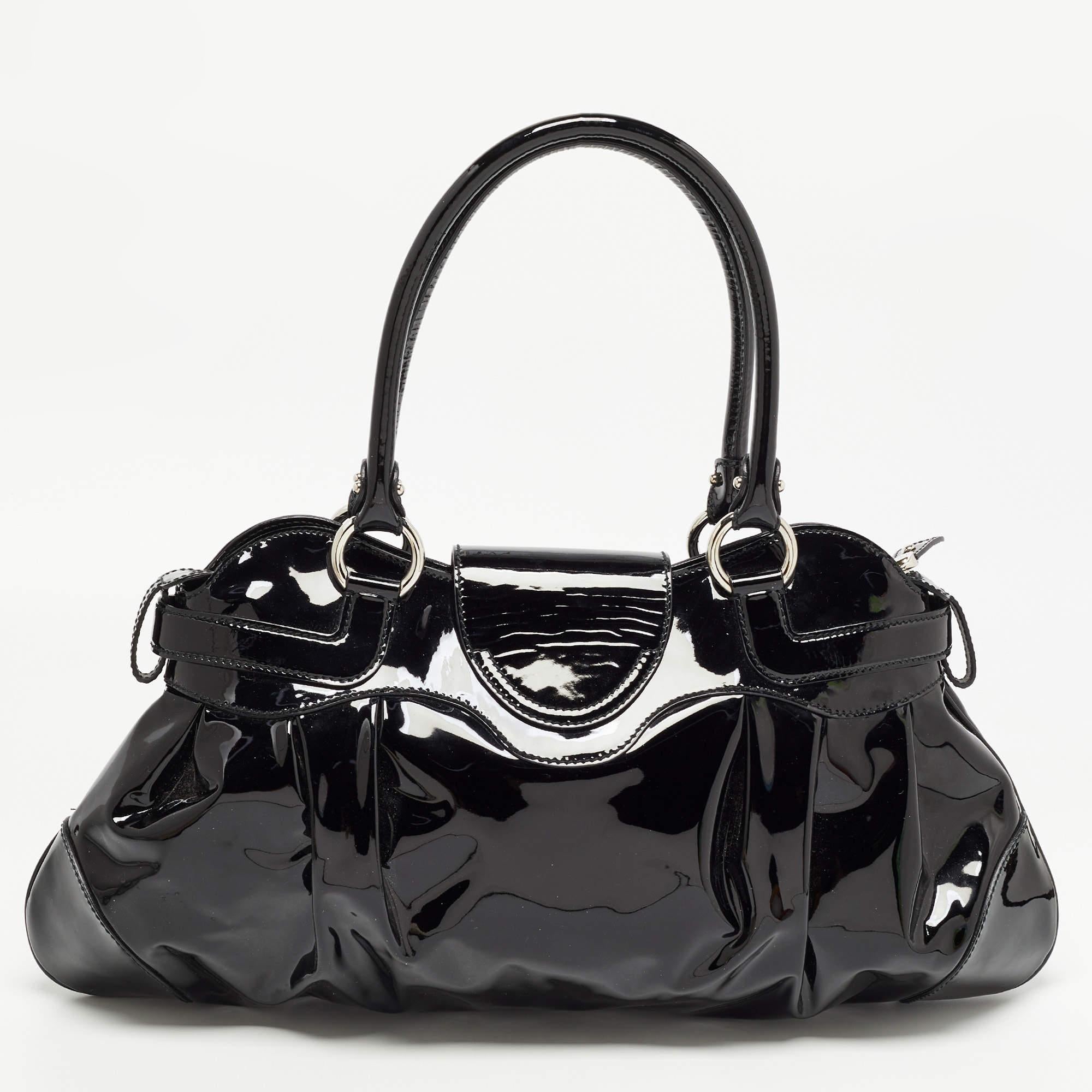 Salvatore Ferragamo Black Patent Leather Marisa Shoulder Bag at