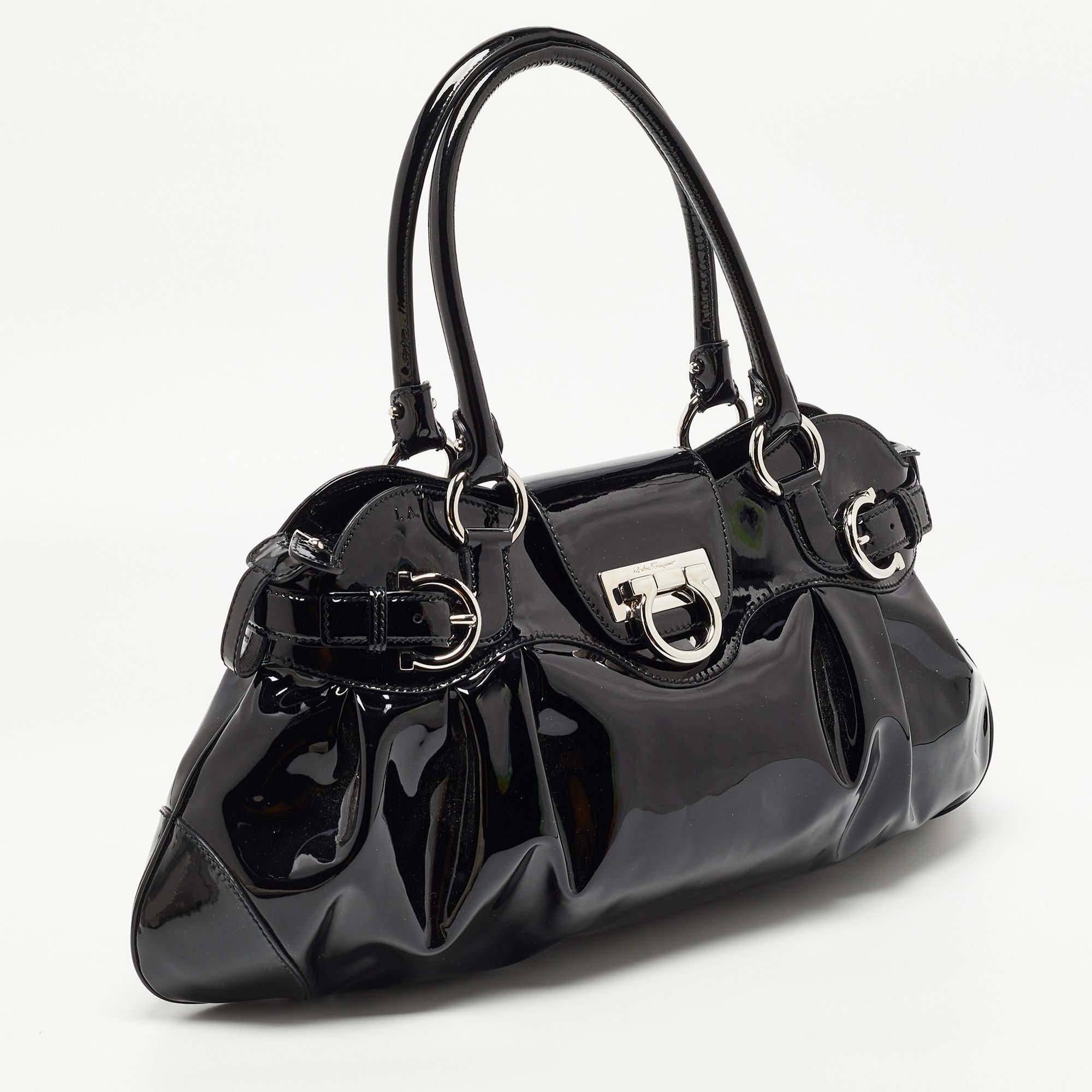 Women's Salvatore Ferragamo Black Patent Leather Marisa Shoulder Bag