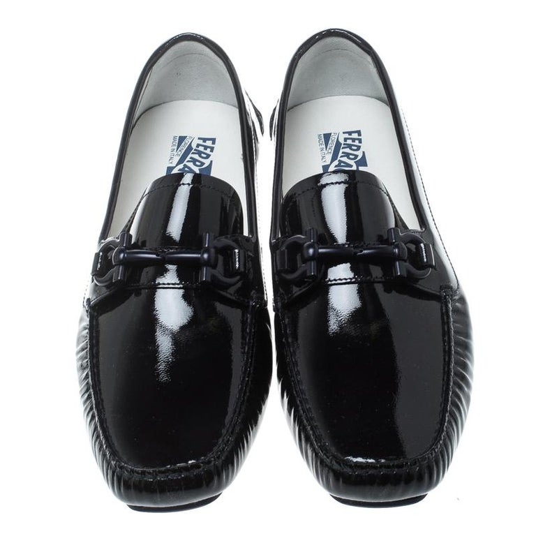 Salvatore Ferragamo Black Patent Leather Parigi Gancini Driver Loafers ...