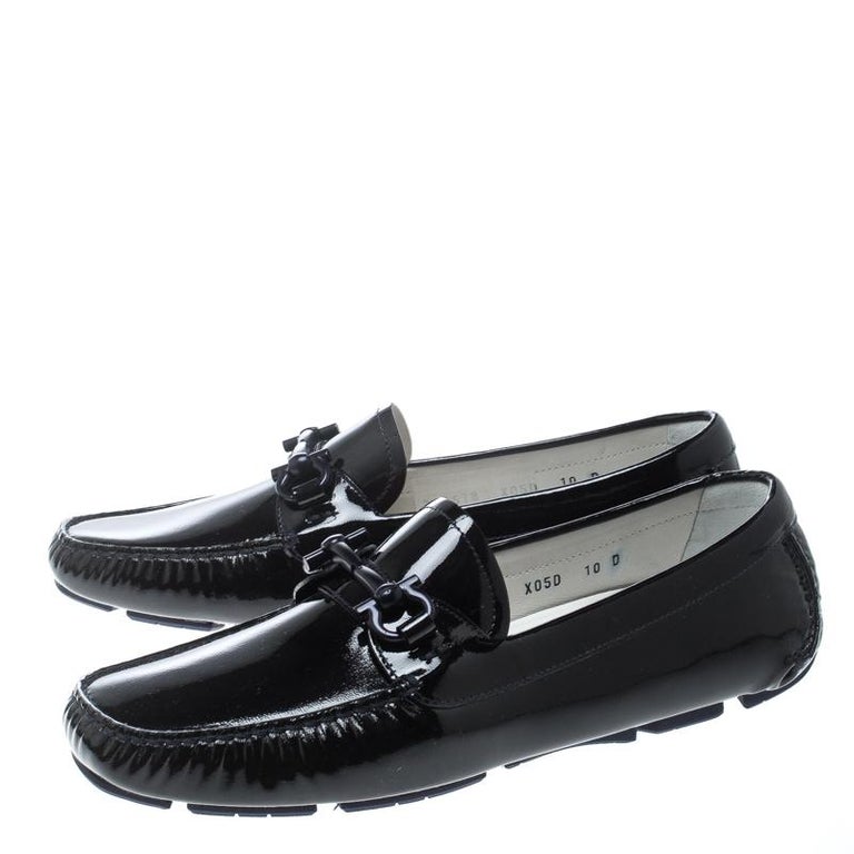 Salvatore Ferragamo Black Patent Leather Parigi Gancini Driver Loafers