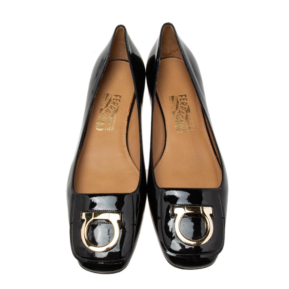 Salvatore Ferragamo Black Patent Leather Rebi Gancio Ballet Flats Size 40.5 1