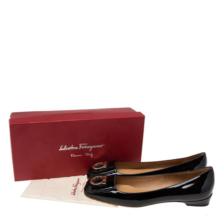 Salvatore Ferragamo Black Patent Leather Rebi Gancio Ballet Flats Size 40.5  at 1stDibs