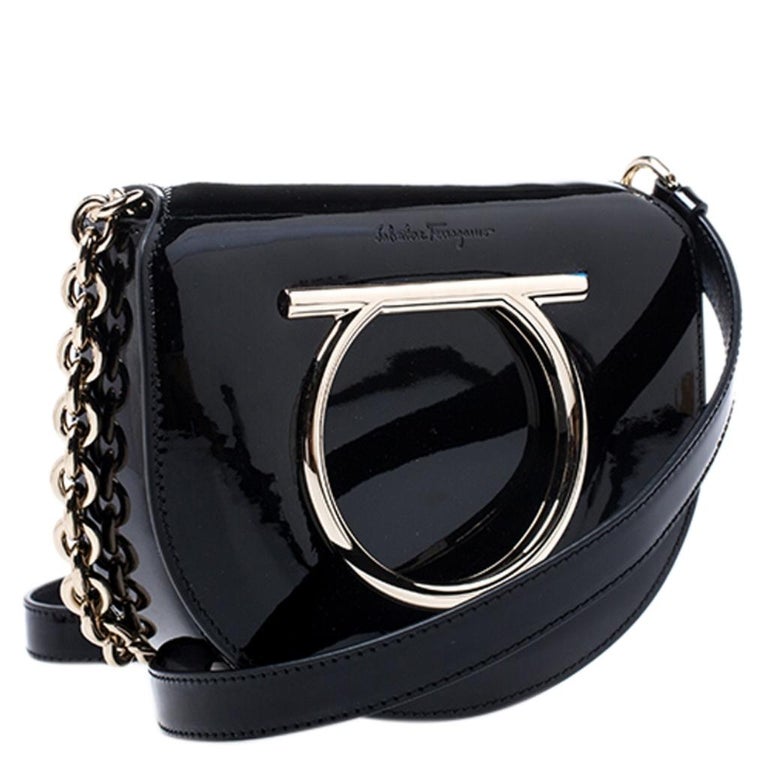 Salvatore Ferragamo Black Patent Leather Sabine Crossbody Bag For Sale