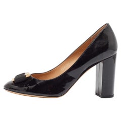 Salvatore Ferragamo Black Patent Leather Vara Bow Block Heel Pumps Size 40.5