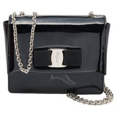 Salvatore Ferragamo Black Patent Leather Vara Bow Chain Shoulder Bag