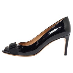 Salvatore Ferragamo Black Patent Leather Vara Bow Peep Toe Pumps Size 40