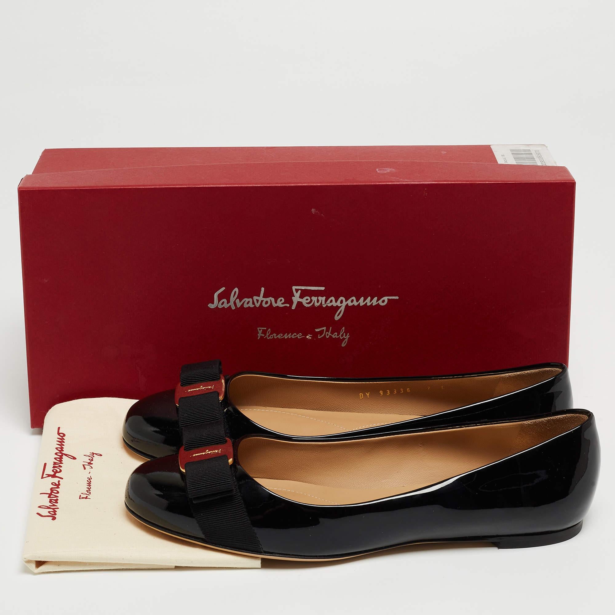 Salvatore Ferragamo Black Patent Leather Varina Ballet Flats Size 37.5 5