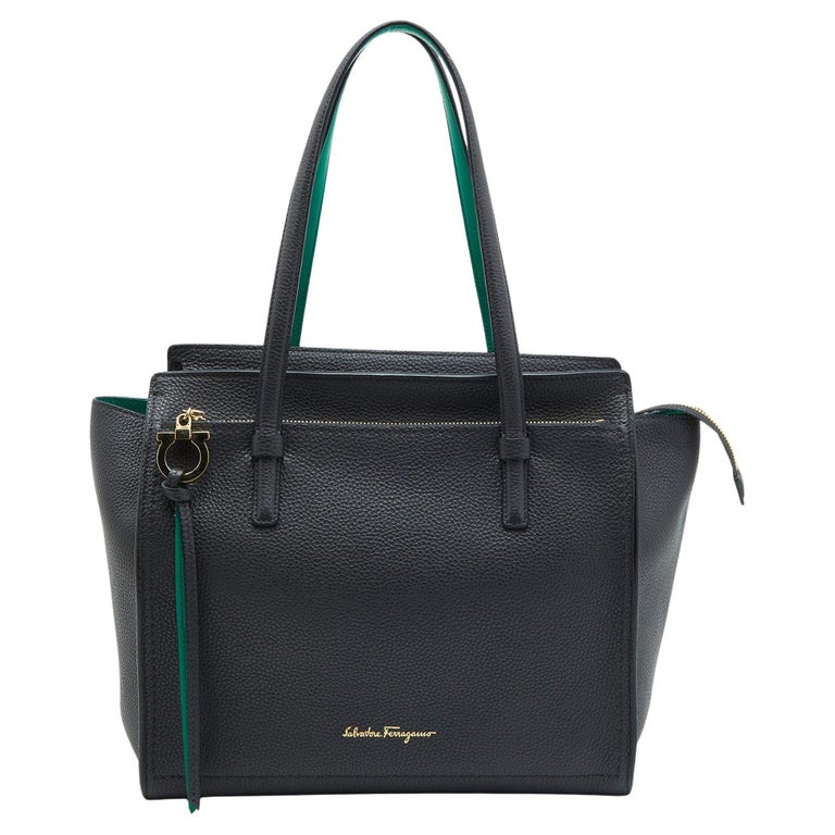 Salvatore Ferragamo Black Pebbled Leather Medium Amy Tote For Sale at