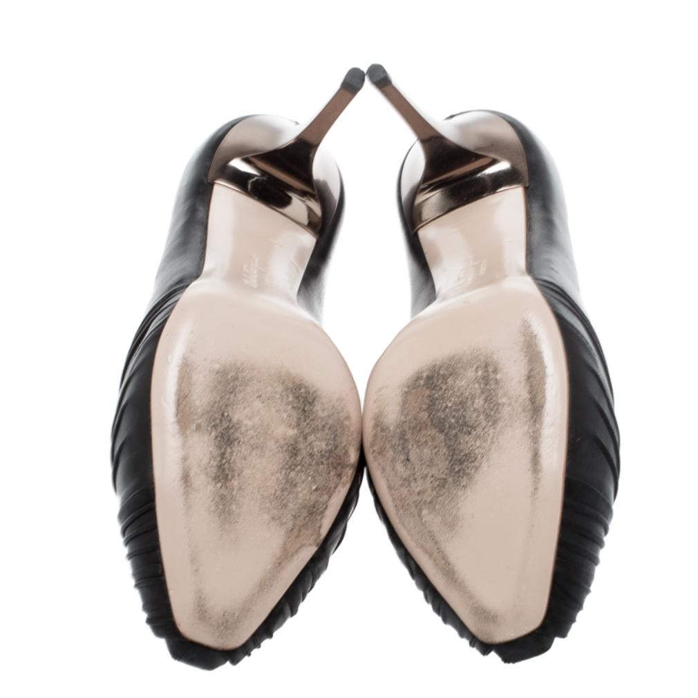 Salvatore Ferragamo Black Pleated Leather Peep Toe Pumps Size 37 For Sale 2