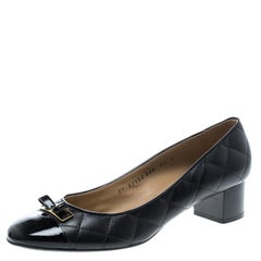 Salvatore Ferragamo Black Quilted Leather Bow Block Heel Pumps Size 39