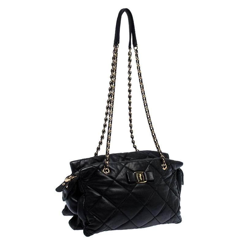 Women's Salvatore Ferragamo Black Quilted Leather Ginette Chain Shoulder Bag