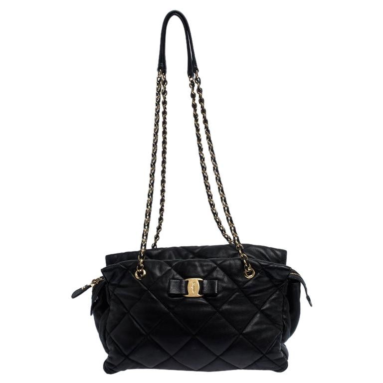 Salvatore Ferragamo Black Quilted Leather Ginette Chain Shoulder Bag