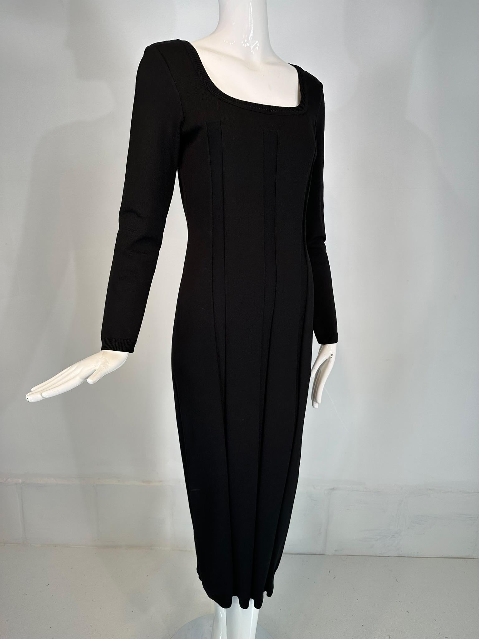 Salvatore Ferragamo black wide ribbed knit jersey square neck body con dress 1990s marked medium. Black wide ribbed knit jersey dress, with long sleeves, square neck mid calf length. Perfect for day or evening, perfect for adding great jewelry or a