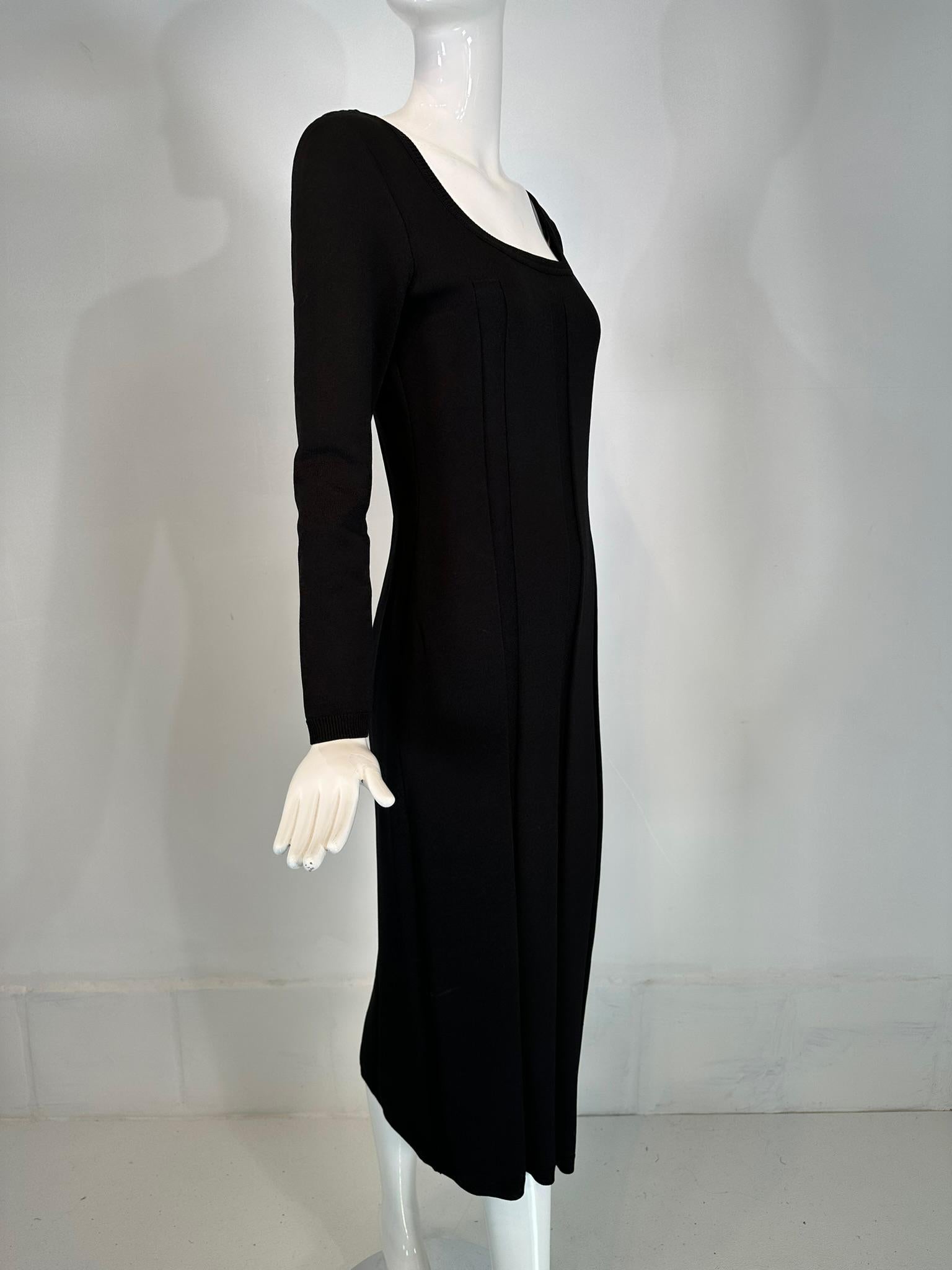 Women's Salvatore Ferragamo Black Ribbed Knit Jersey Square Neck Body Con Dress 1990s M For Sale