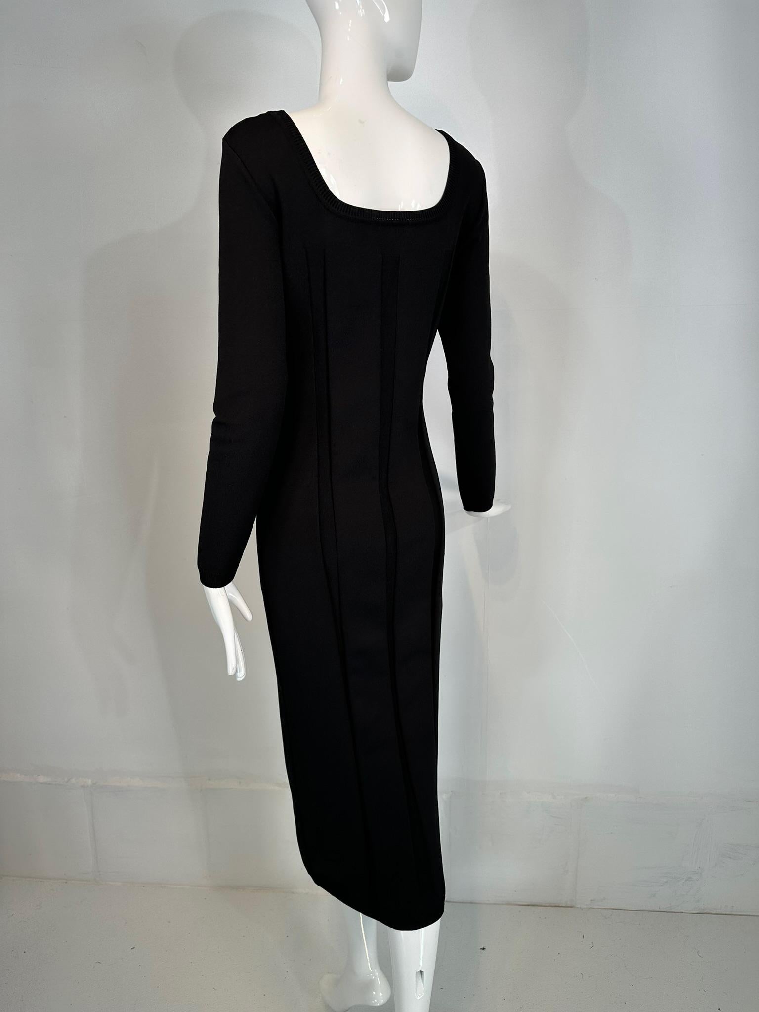 Salvatore Ferragamo Black Ribbed Knit Jersey Square Neck Body Con Dress 1990s M For Sale 3