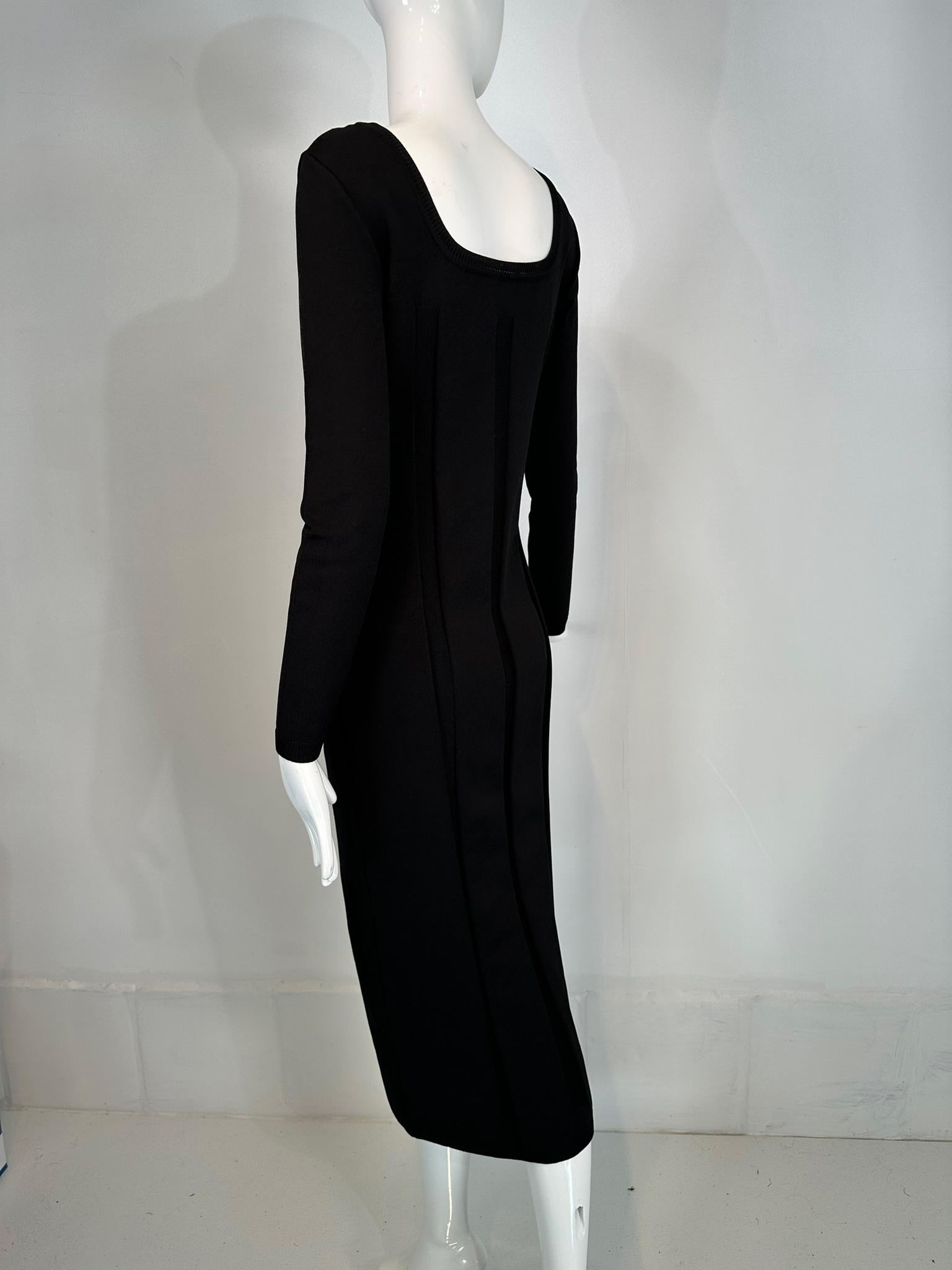 Salvatore Ferragamo Black Ribbed Knit Jersey Square Neck Body Con Dress 1990s M For Sale 4
