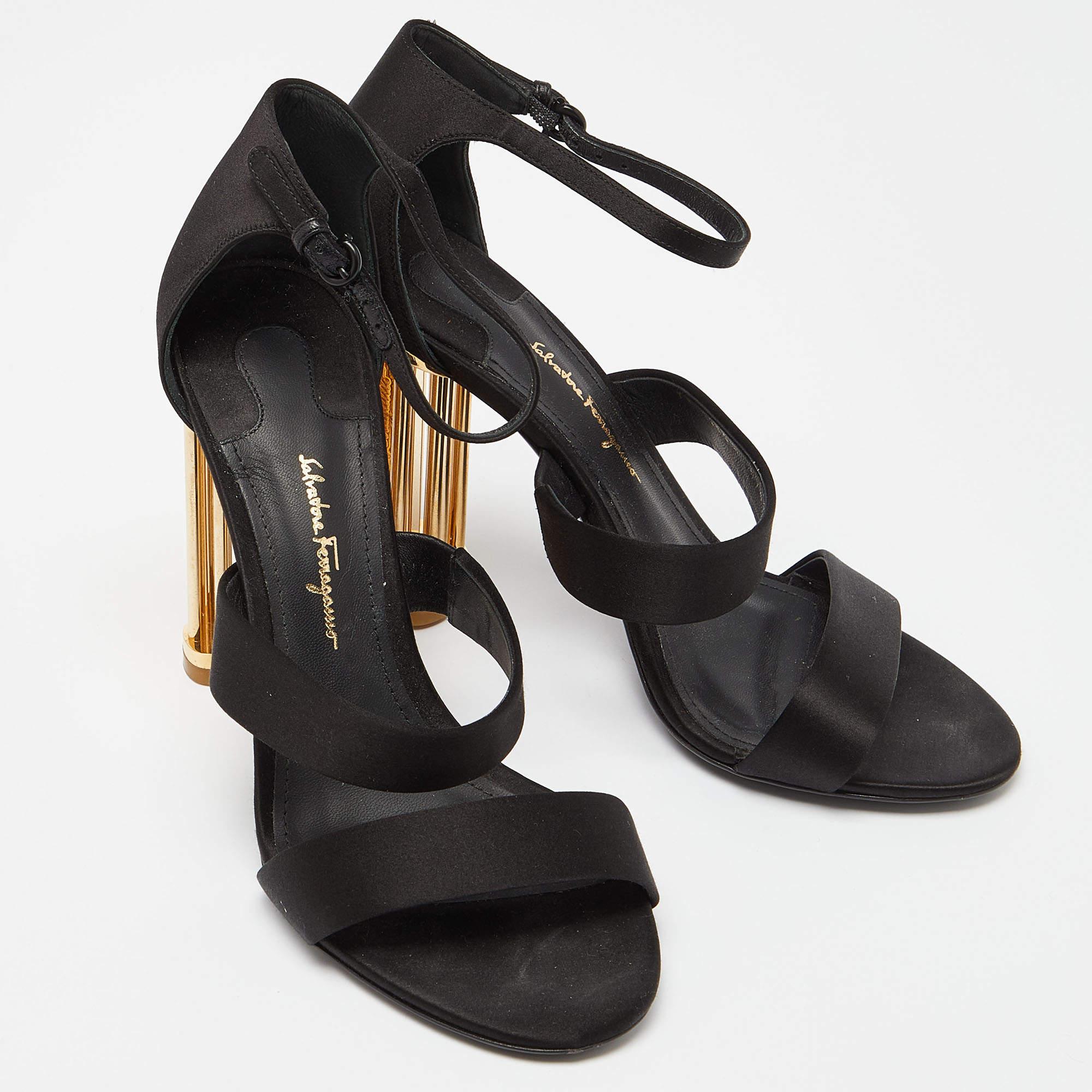 Women's Salvatore Ferragamo Black Satin Ankle Strap Block Heel Sandals Size 39