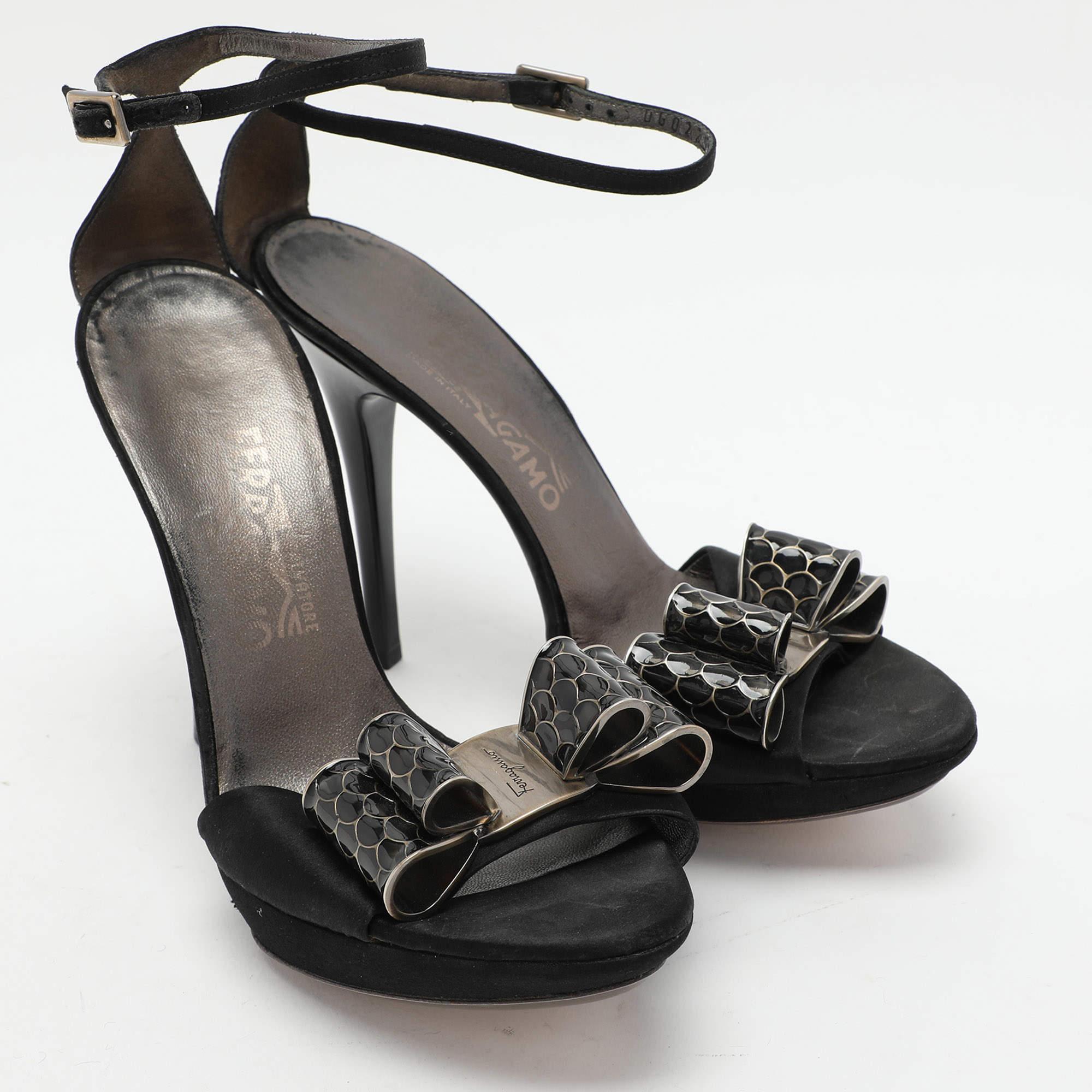 Women's Salvatore Ferragamo Black Satin Bow Embellished Ankle Strap Sandals Size 38 For Sale