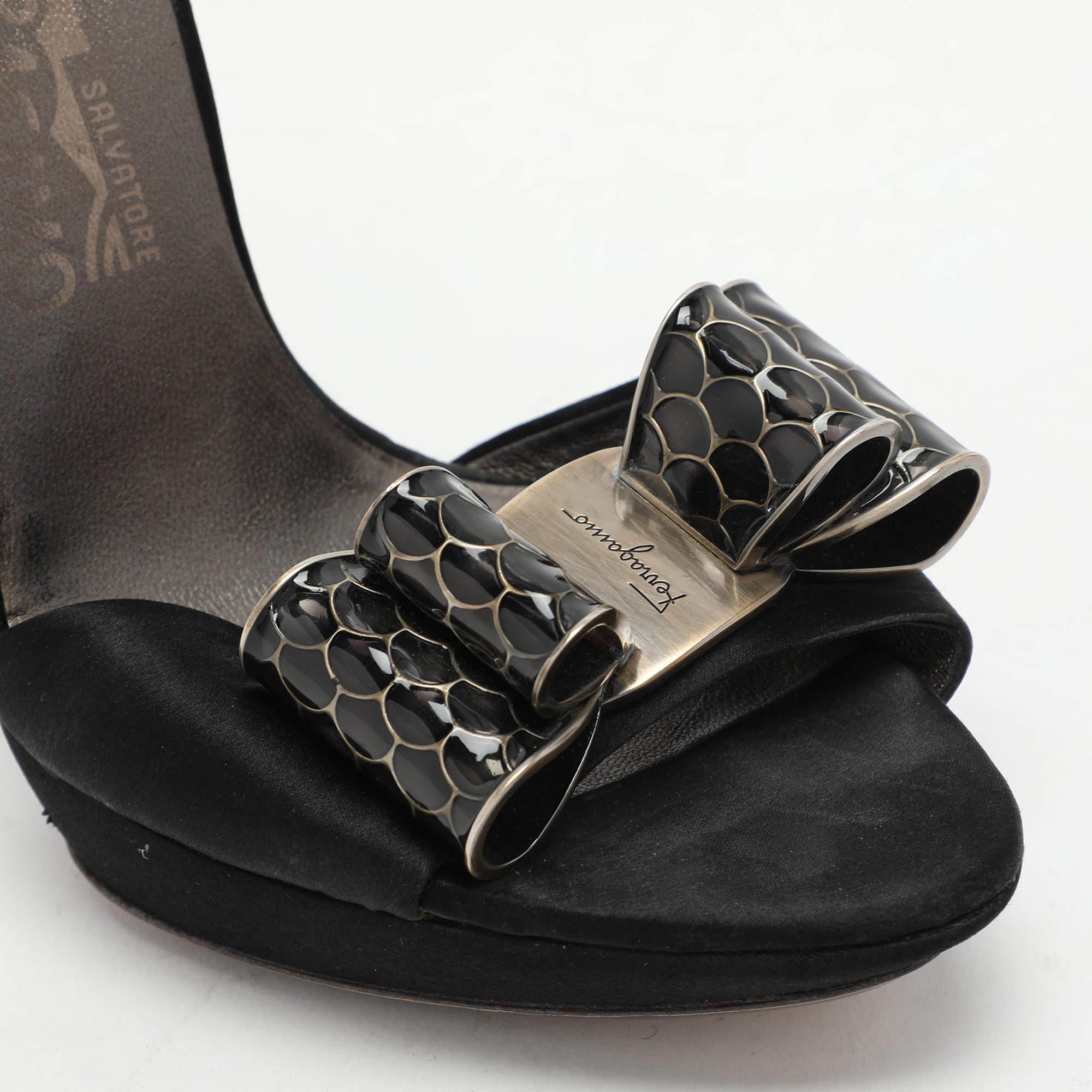 Salvatore Ferragamo Black Satin Bow Embellished Ankle Strap Sandals Size 38 For Sale 3