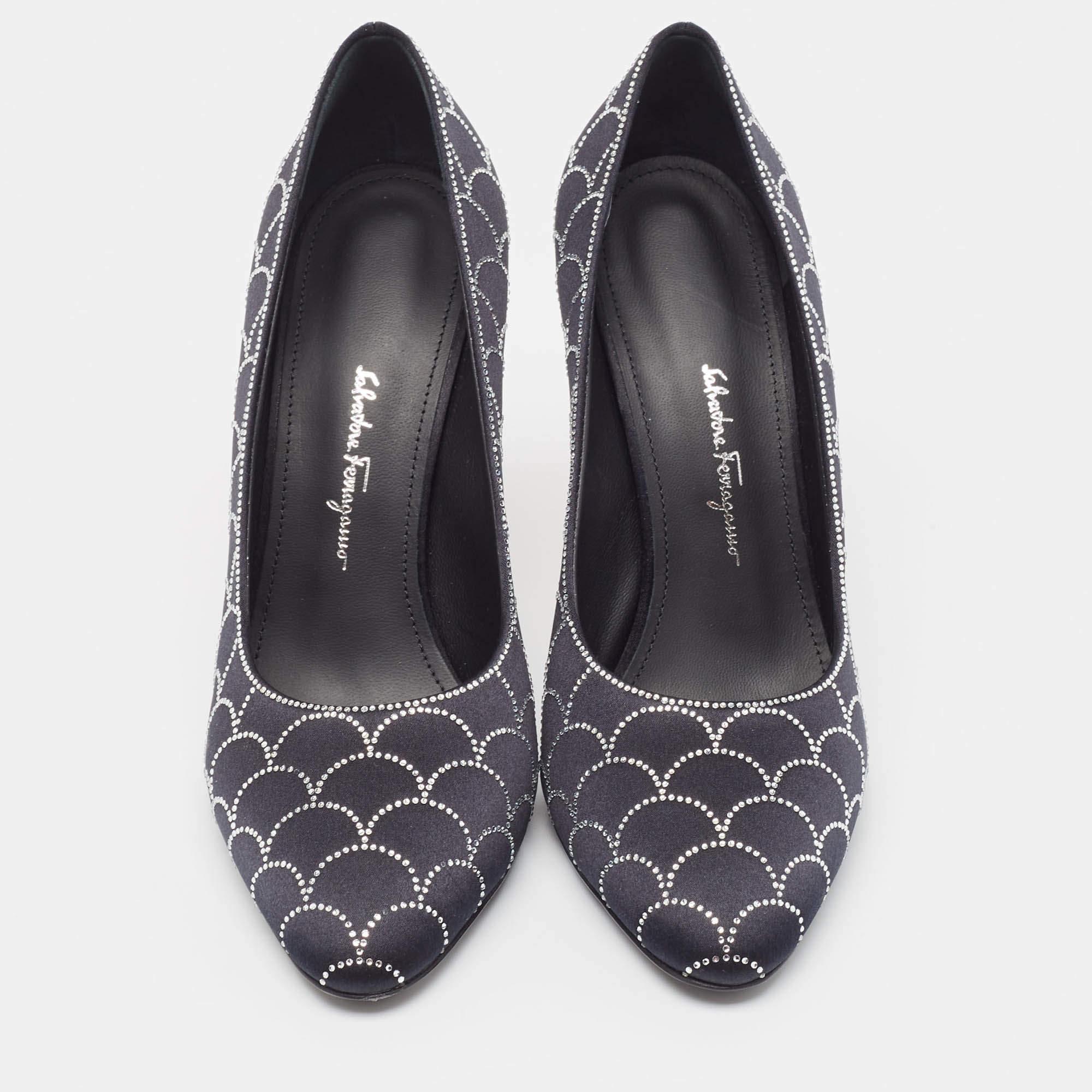Salvatore Ferragamo Black Satin Crystal Embellished Judy Pumps Size 37 In New Condition For Sale In Dubai, Al Qouz 2