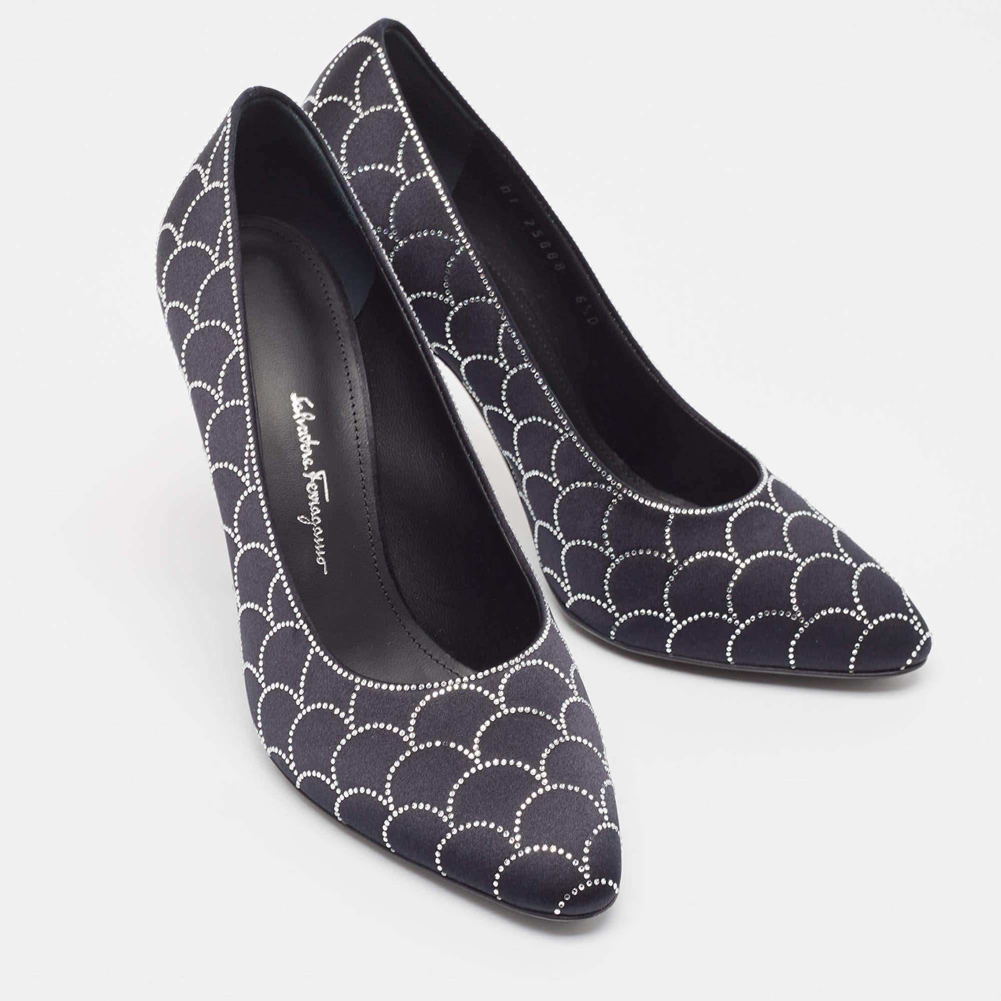 Women's Salvatore Ferragamo Black Satin Crystal Embellished Judy Pumps Size 37 For Sale