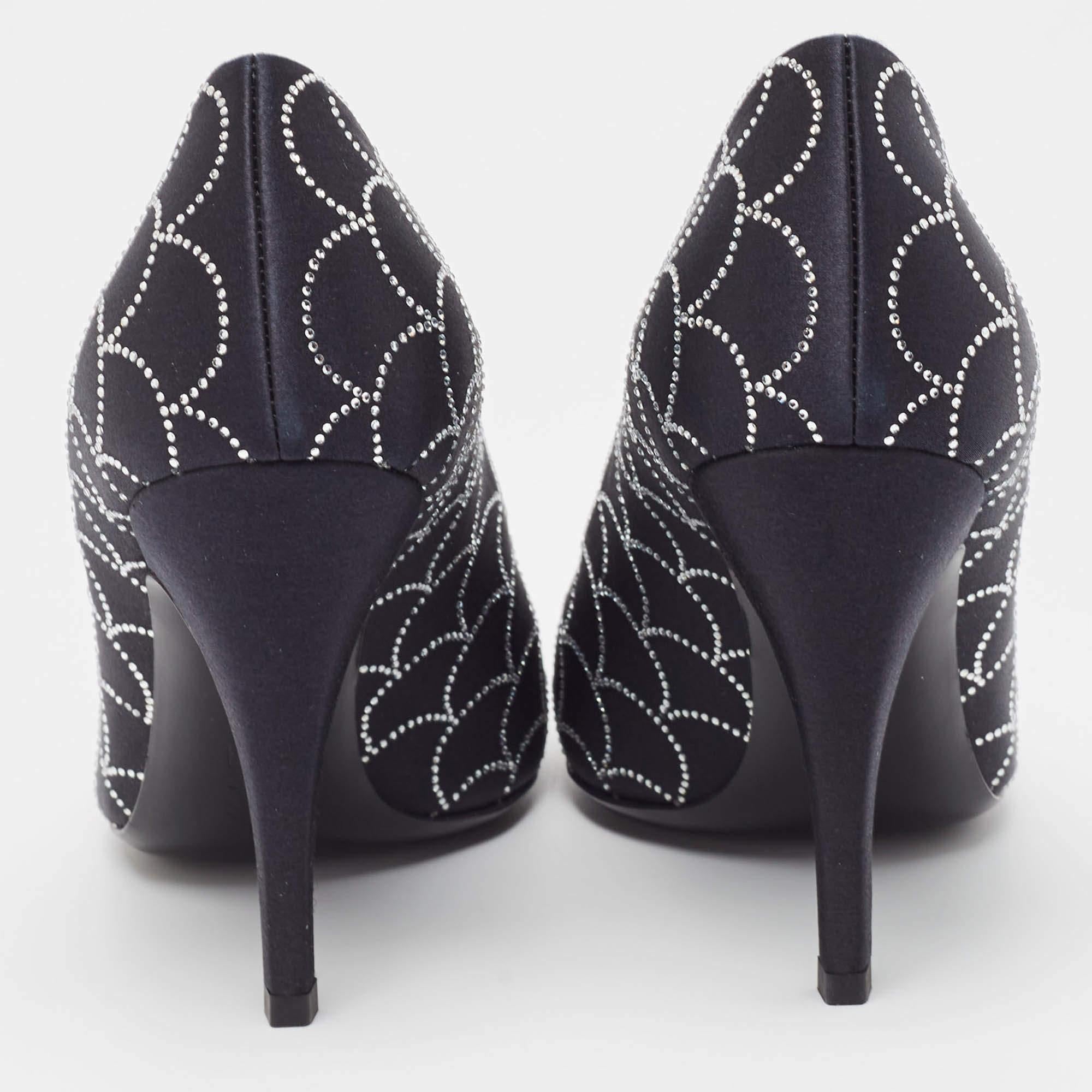 Salvatore Ferragamo Black Satin Crystal Embellished Judy Pumps Size 37 For Sale 1
