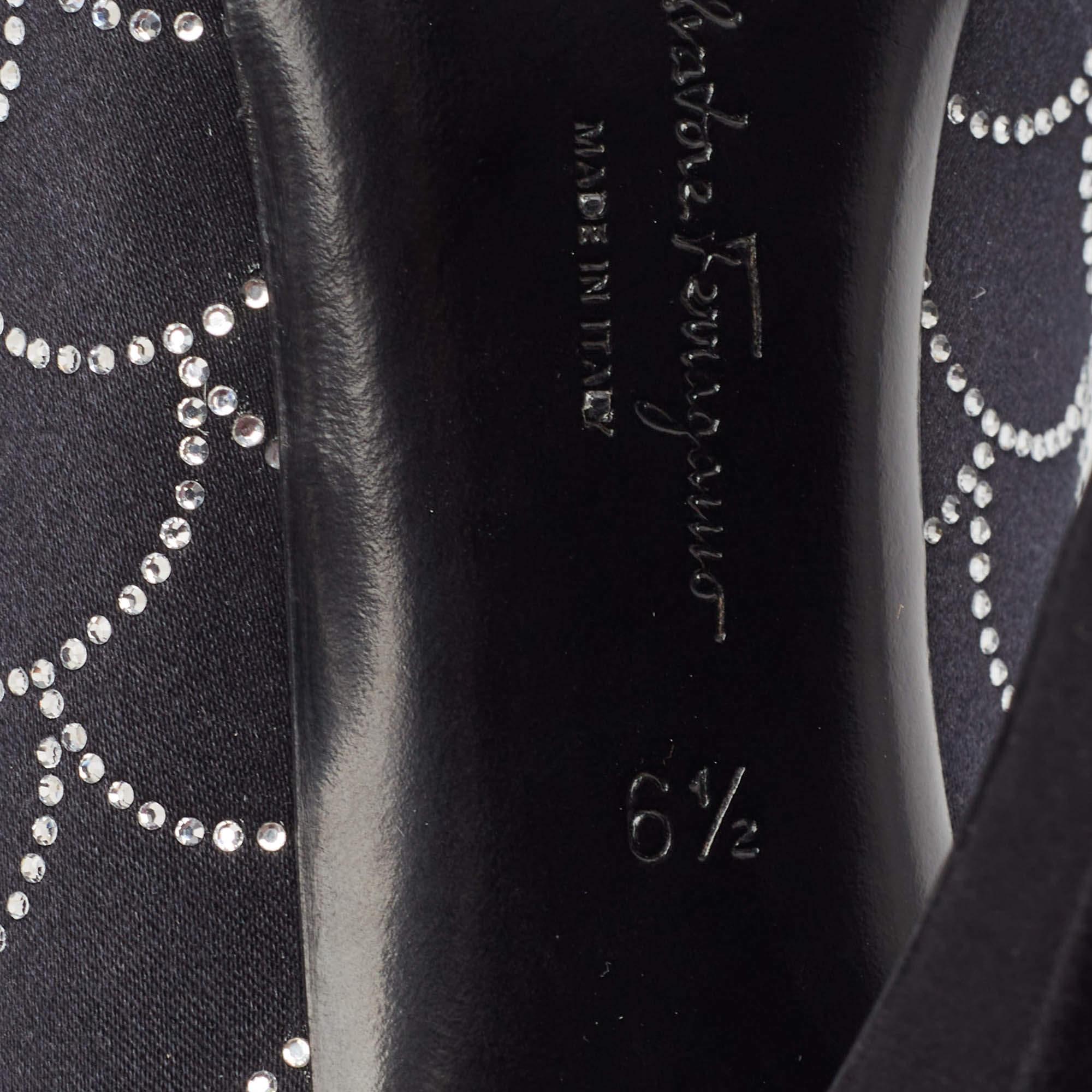 Salvatore Ferragamo Black Satin Crystal Embellished Judy Pumps Size 37 For Sale 4