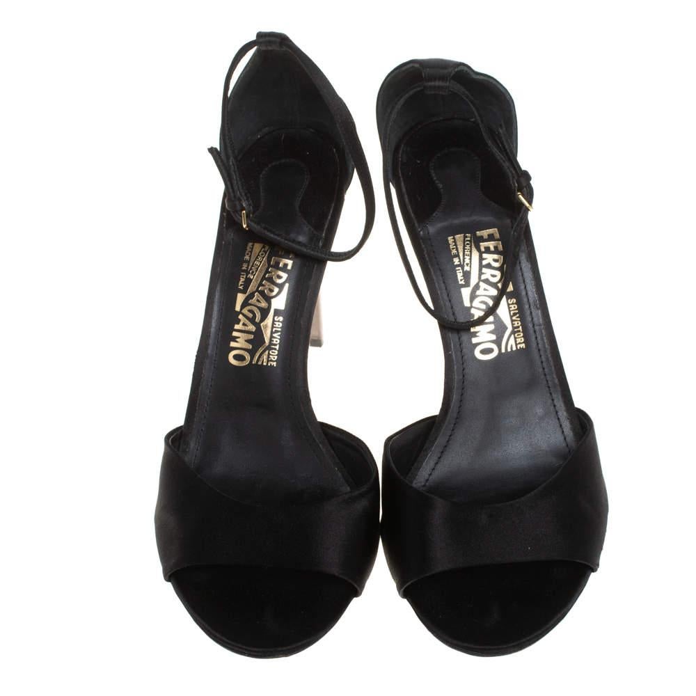Salvatore Ferragamo Black Satin Embellished Heel Ankle Strap Sandals Size 40 In Good Condition In Dubai, Al Qouz 2