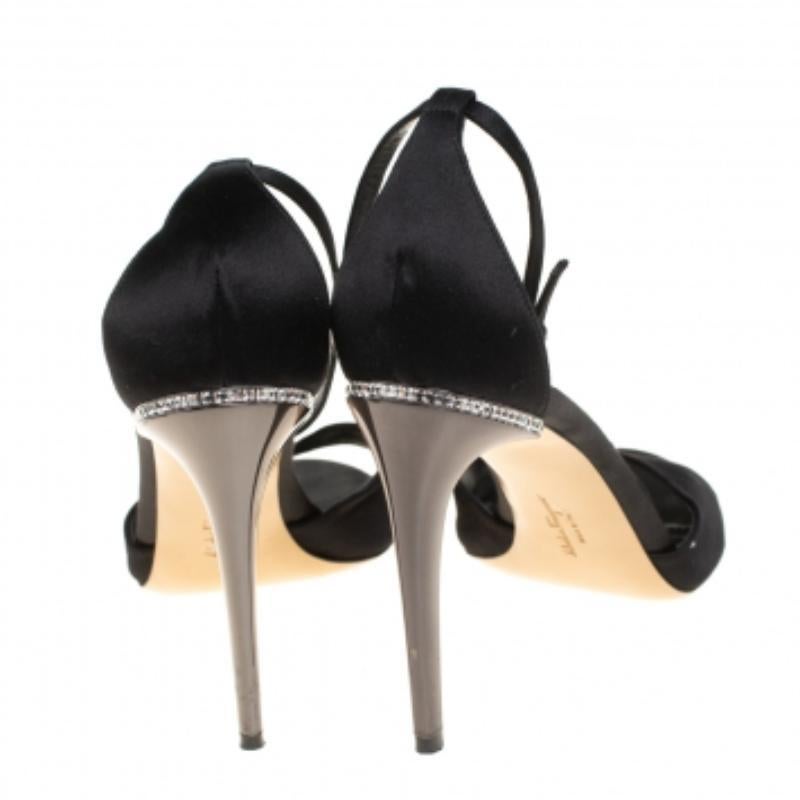 Women's Salvatore Ferragamo Black Satin Embellished Heel Ankle Strap Sandals Size 40 For Sale